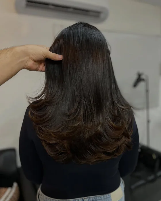 Cabelo castanho escuro repicado com as pontas modeladas, visto de costas